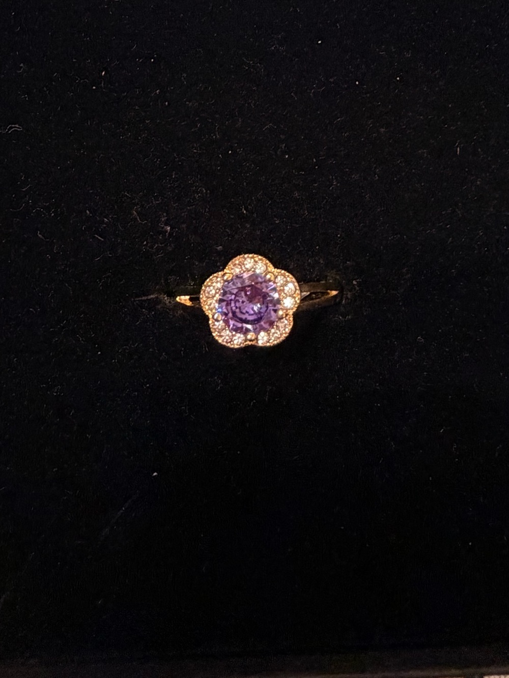 Gold Tone Stainless Steel Floral Ring with Purple Center Stone